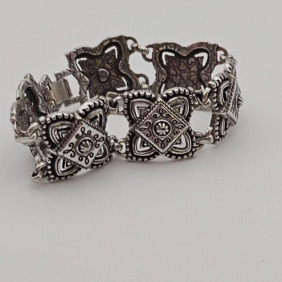 Brighton 7" Chunky Bracelet Medallion Panel Silver Tone Signed Vtg Raised Square - Picture 6 of 16